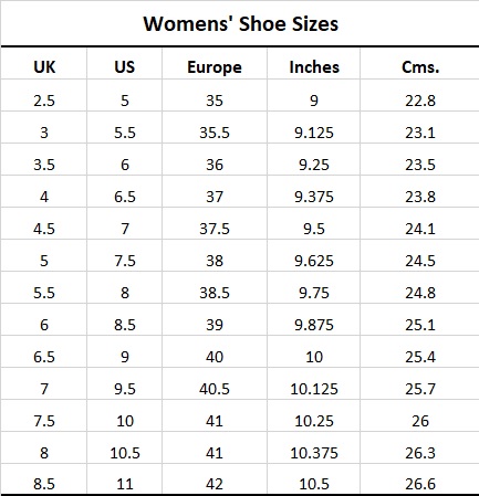 ladies shoe chart